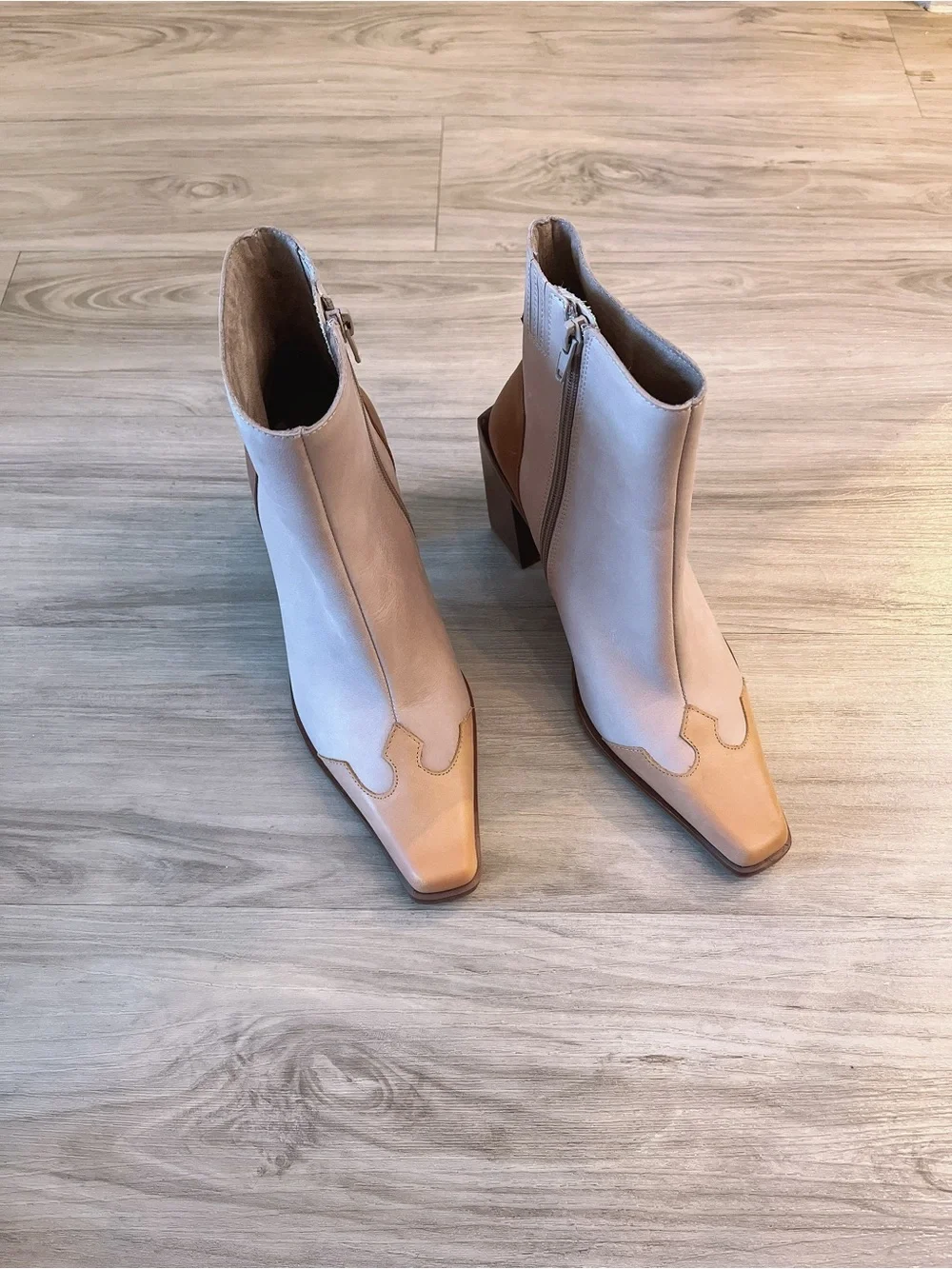 Jeffrey Campbell Snip Square Toe Two-Tone Beige & Tan Ankle Boots Booties Size 7